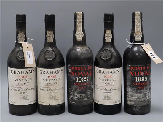 Two bottles of Quinta do Noval 1985 vintage port and three bottles of Grahams 1985 vintage port